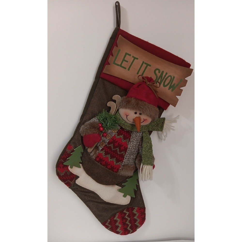 18" Christmas Stocking Snowman Plush‎ Wooden Let It Snow Skis Burgundy Green